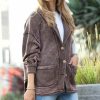 Women * | Budget 42Pops Brown French Terry V-Neck Button-Up Hi-Low Pocket Jacket Women