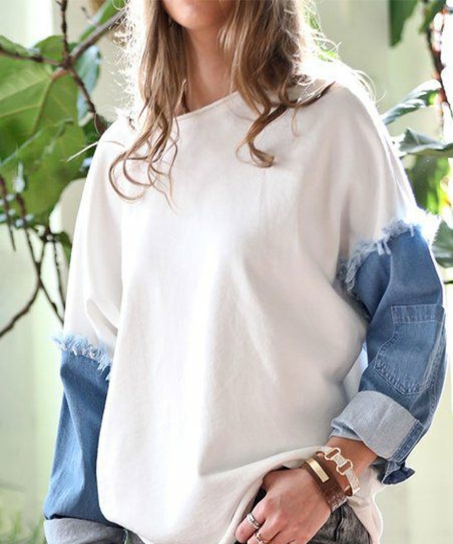 Women * | Flash Sale 42Pops Off-White & Blue Fringed Denim-Sleeve Sweatshirt Women