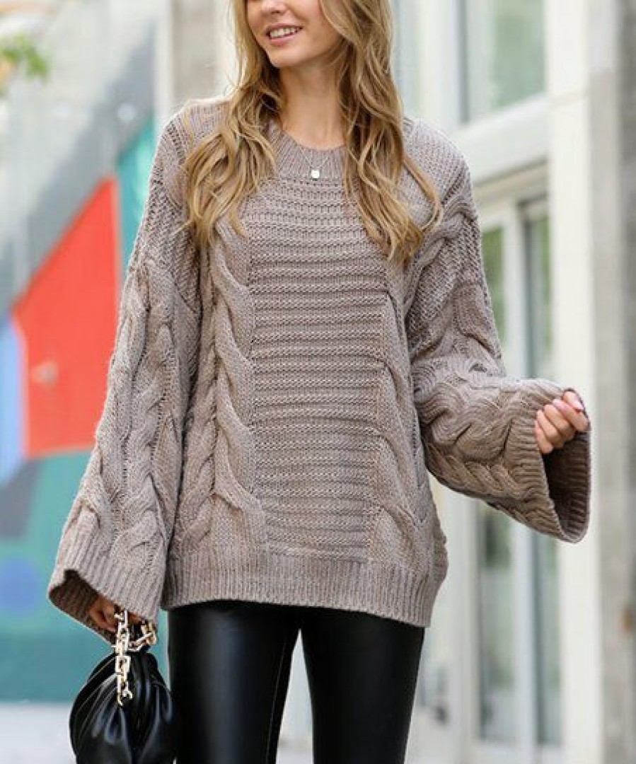 Women * | Cheapest 42Pops Ash Mocha Cable-Knit Crewneck Bell-Sleeve Sweater Women