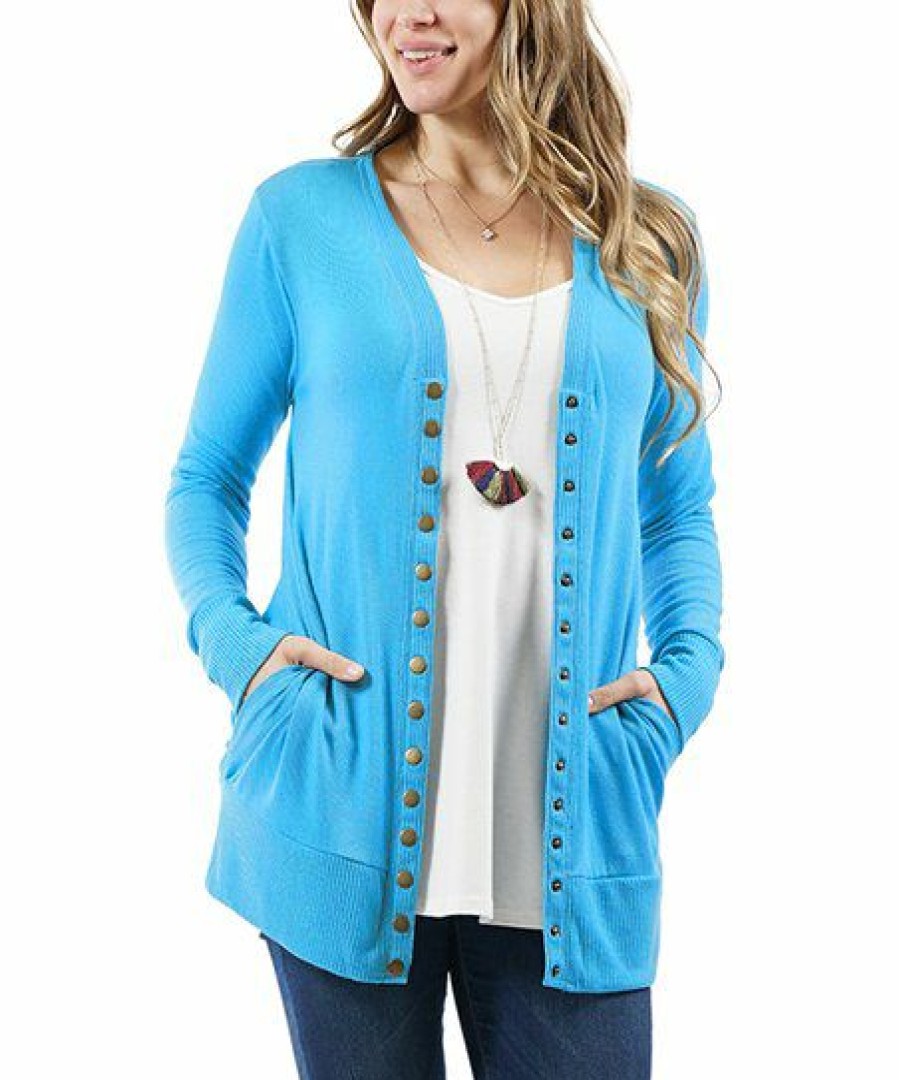 Women * | Best Reviews Of 42Pops Deep Sky Rib-Hem Snap-Front Cardigan Women