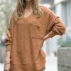 Women * | Best Sale 42Pops Dark Camel Melange V-Neck Hi-Low Pocket Sweater Women