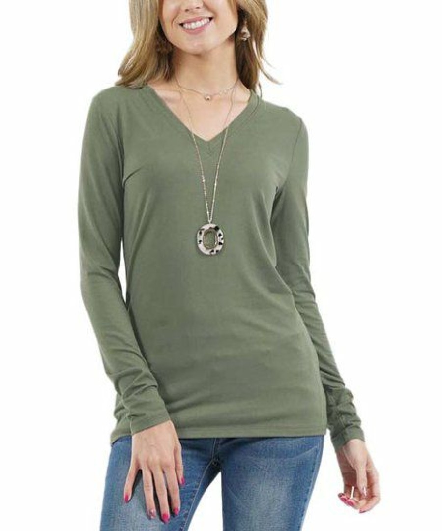 Women * | Top 10 42Pops Light Olive V-Neck Long-Sleeve Top Women