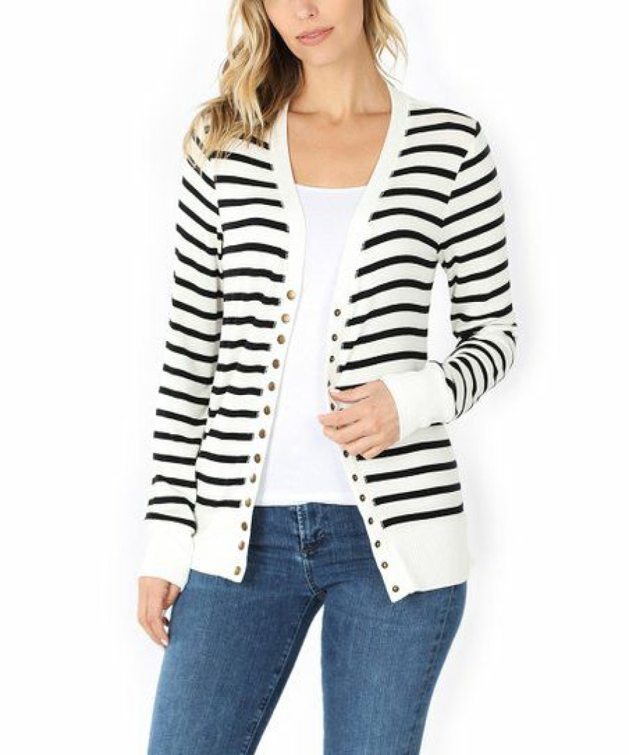 Women * | Cheapest 42Pops Ivory & Black Stripe Snap-Front Cardigan Women