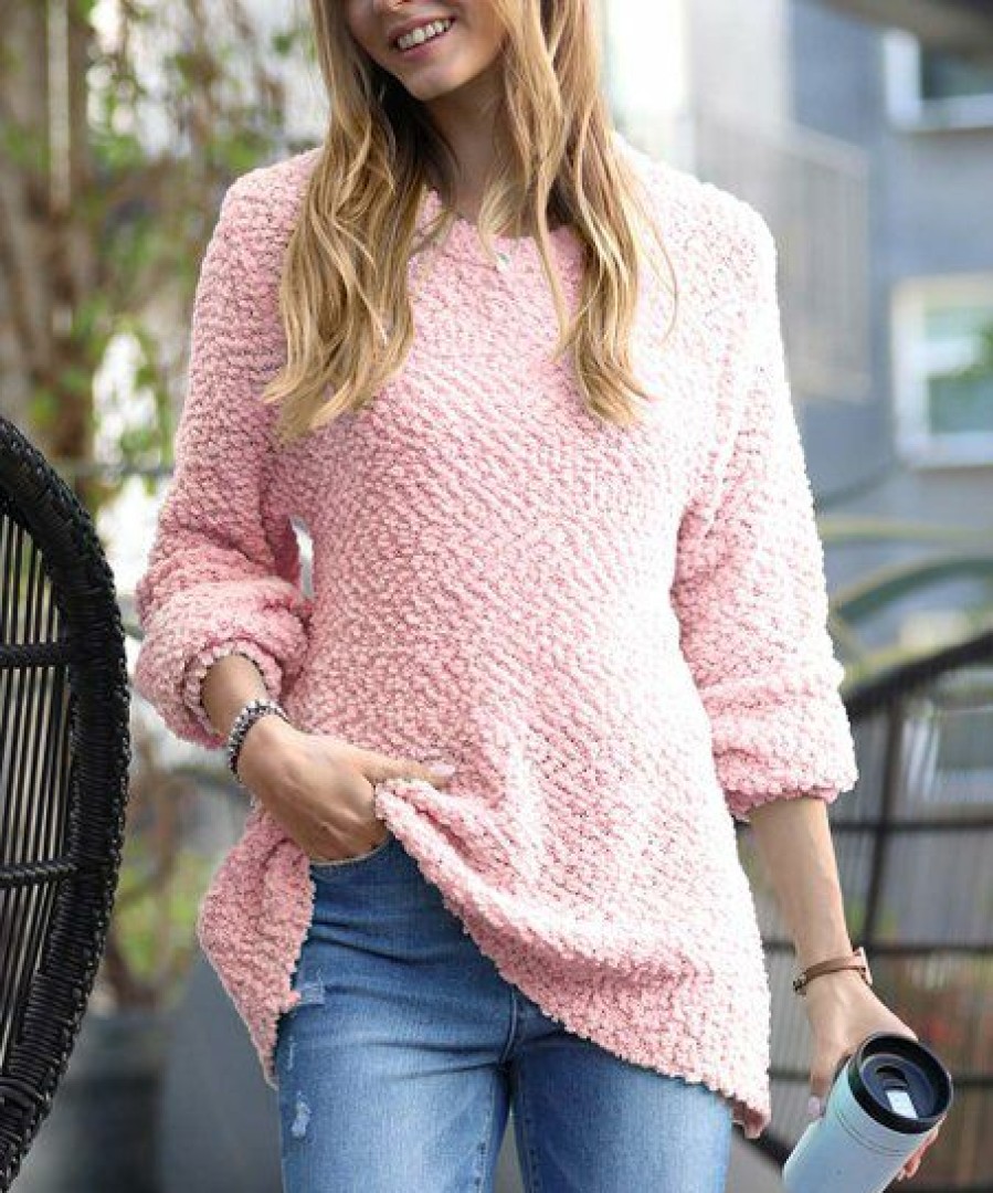 Women * | Best Deal 42Pops Dusty Pink Popcorn-Texture Crewneck Bishop-Sleeve Sweater Women