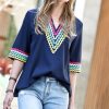 Other * | Buy 42Pops Navy Multicolor Stripe V-Neck Short-Sleeve Top Women