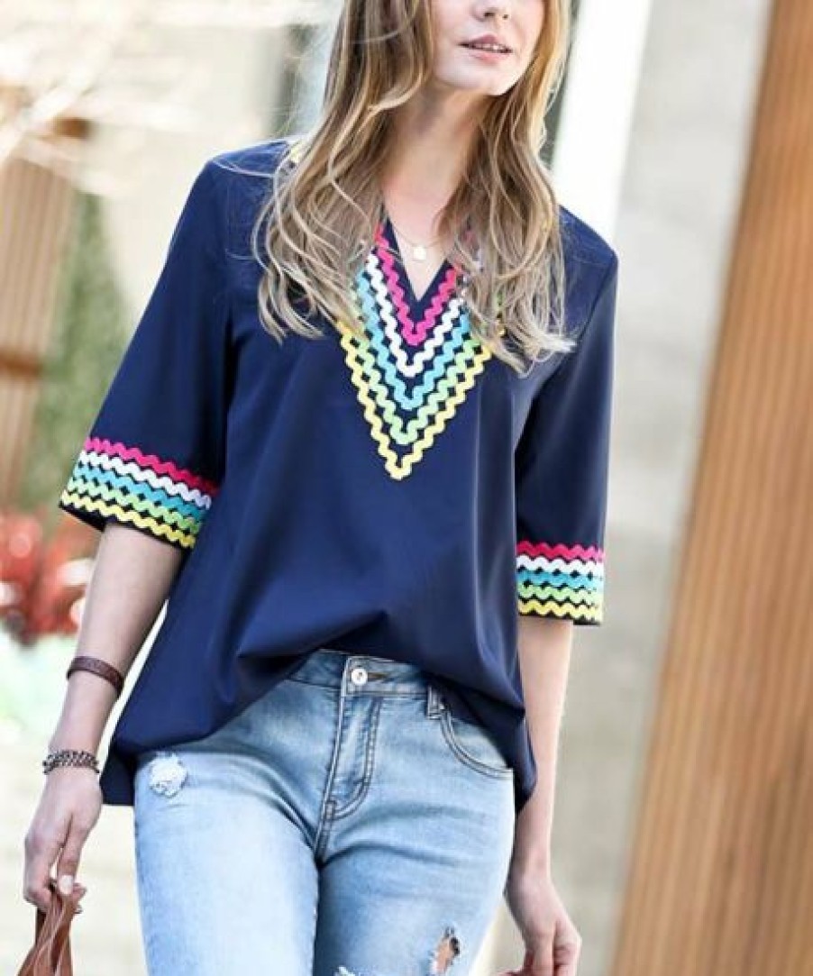 Other * | Buy 42Pops Navy Multicolor Stripe V-Neck Short-Sleeve Top Women