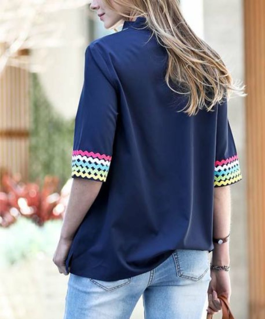 Other * | Buy 42Pops Navy Multicolor Stripe V-Neck Short-Sleeve Top Women