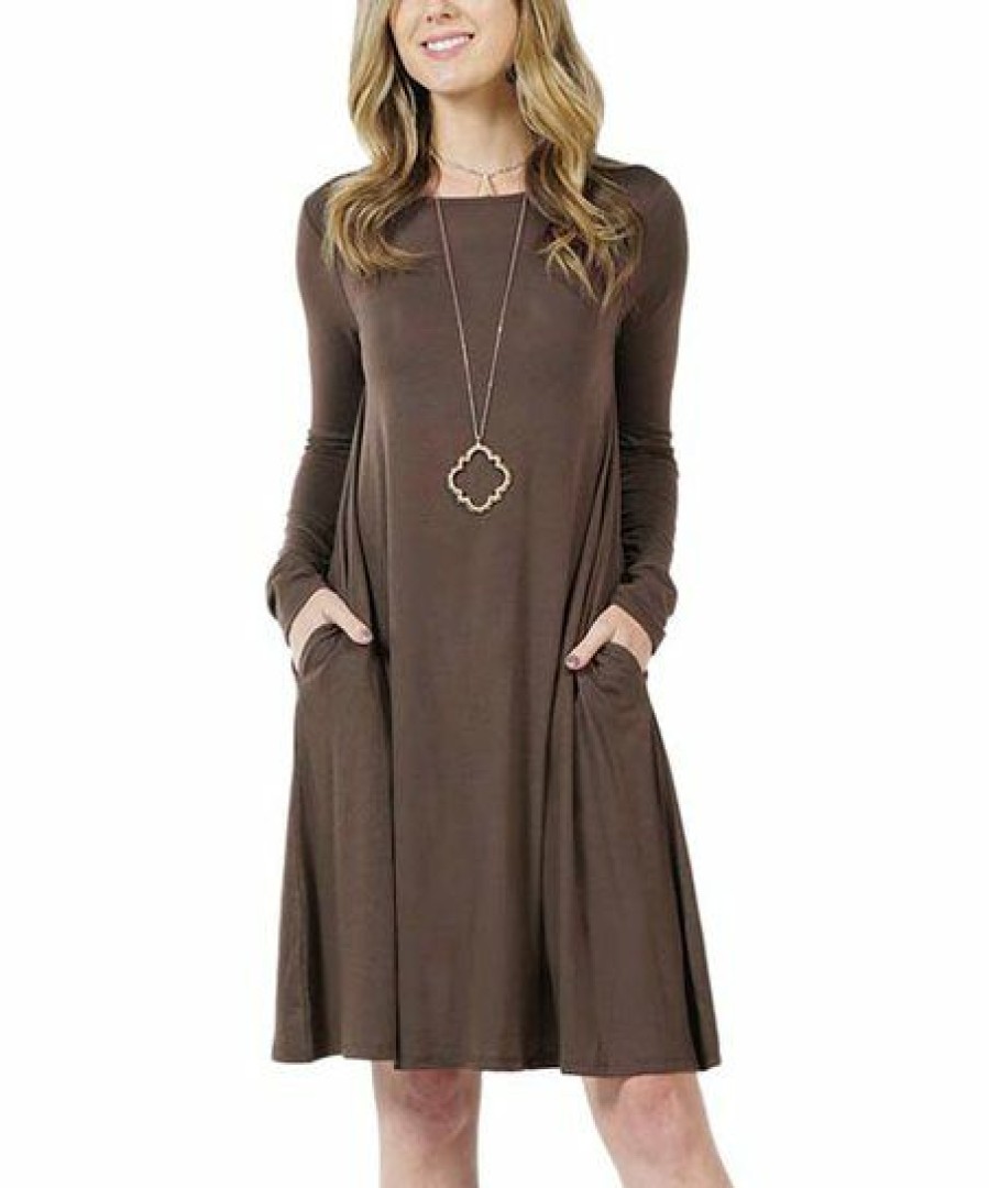 Women * | Best Deal 42Pops Brown Crewneck Long-Sleeve Pocket Shift Dress Women