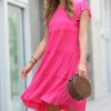 Women * | Buy 42Pops Fuchsia Tiered Flutter-Sleeve Shift Dress Women