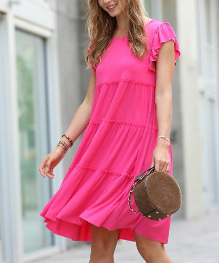 Women * | Buy 42Pops Fuchsia Tiered Flutter-Sleeve Shift Dress Women