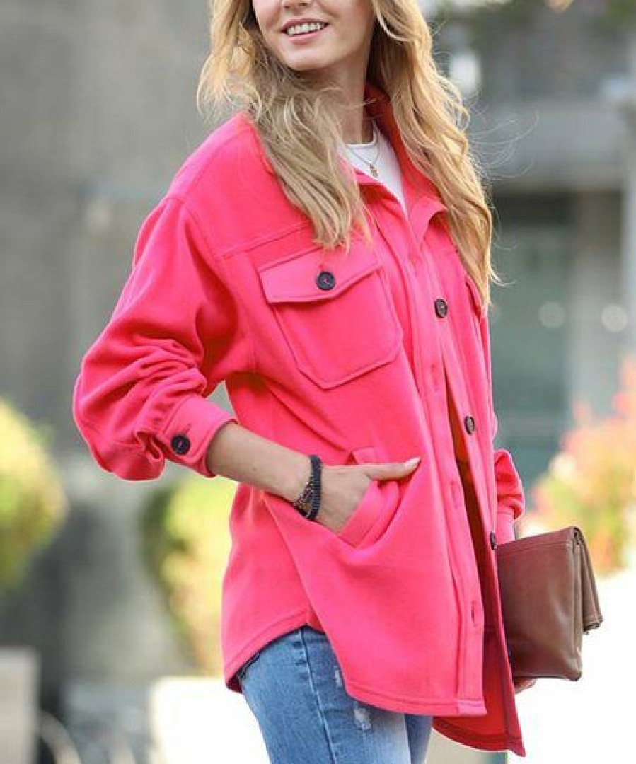 Women * | Brand New 42Pops Fuchsia Pocket Button-Up Fleece Shacket Women