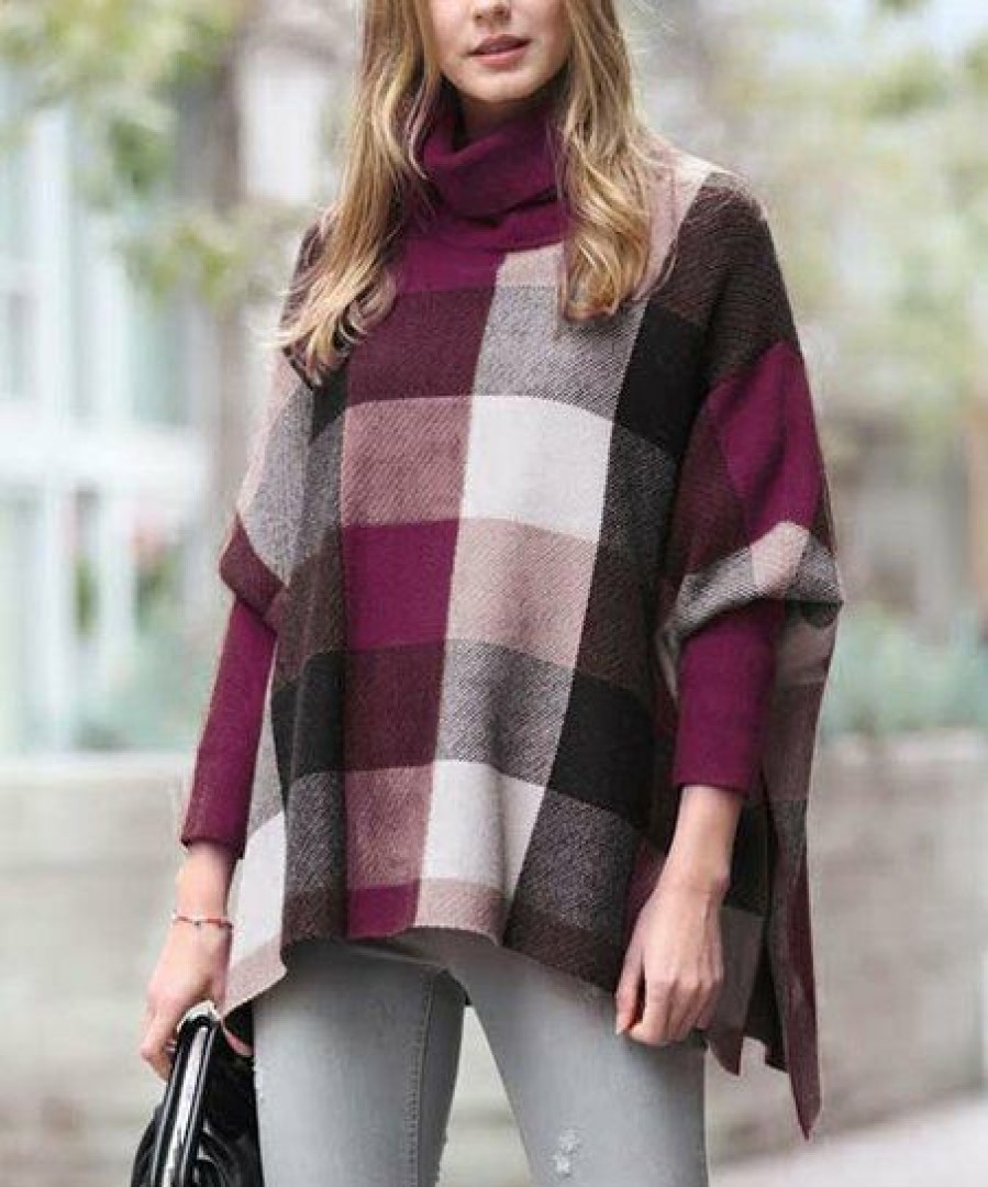 Women * | New 42Pops Burgundy & White Plaid Oversize Turtleneck Cape-Sleeve Sweater Women