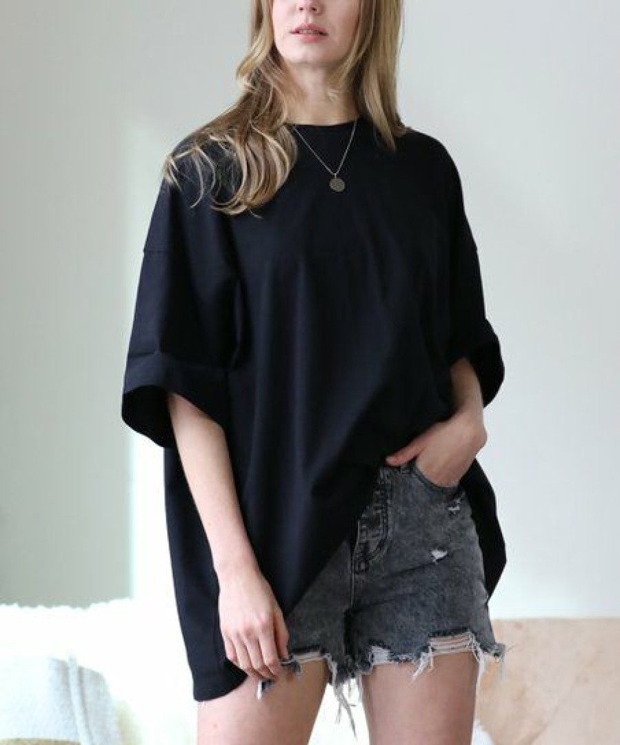 Women * | Promo 42Pops Black Oversize Crewneck Drop-Shoulder Boyfriend Tee Women