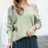 Women * | Hot Sale 42Pops Light Sage Distressed V-Neck Bishop-Sleeve Sweater Women