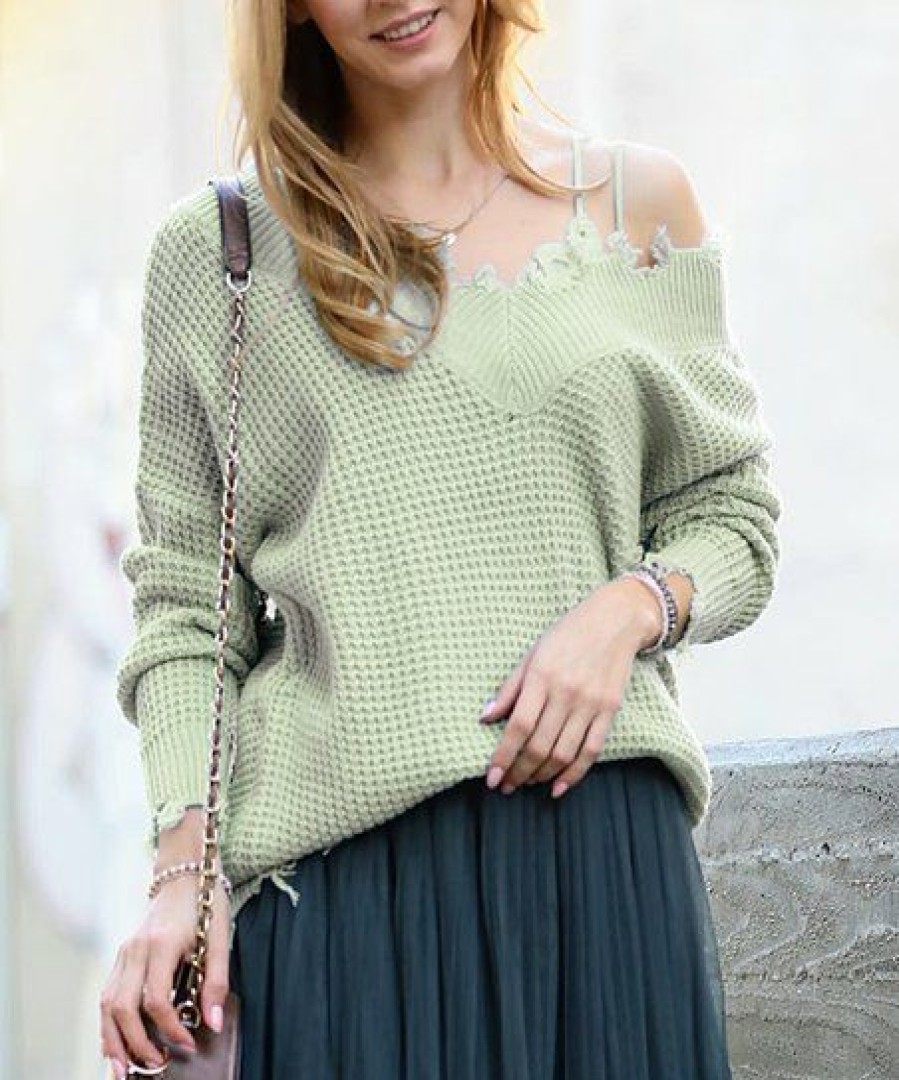 Women * | Hot Sale 42Pops Light Sage Distressed V-Neck Bishop-Sleeve Sweater Women