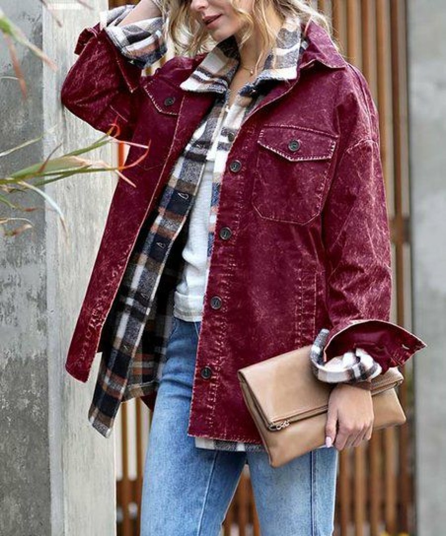 Women * | Wholesale 42Pops Dark Burgundy Vintage-Wash Pocket Oversize Shacket Women