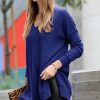 Women * | Top 10 42Pops Light Navy Waffle Slit-Hem V-Neck Long-Sleeve Sweater Women