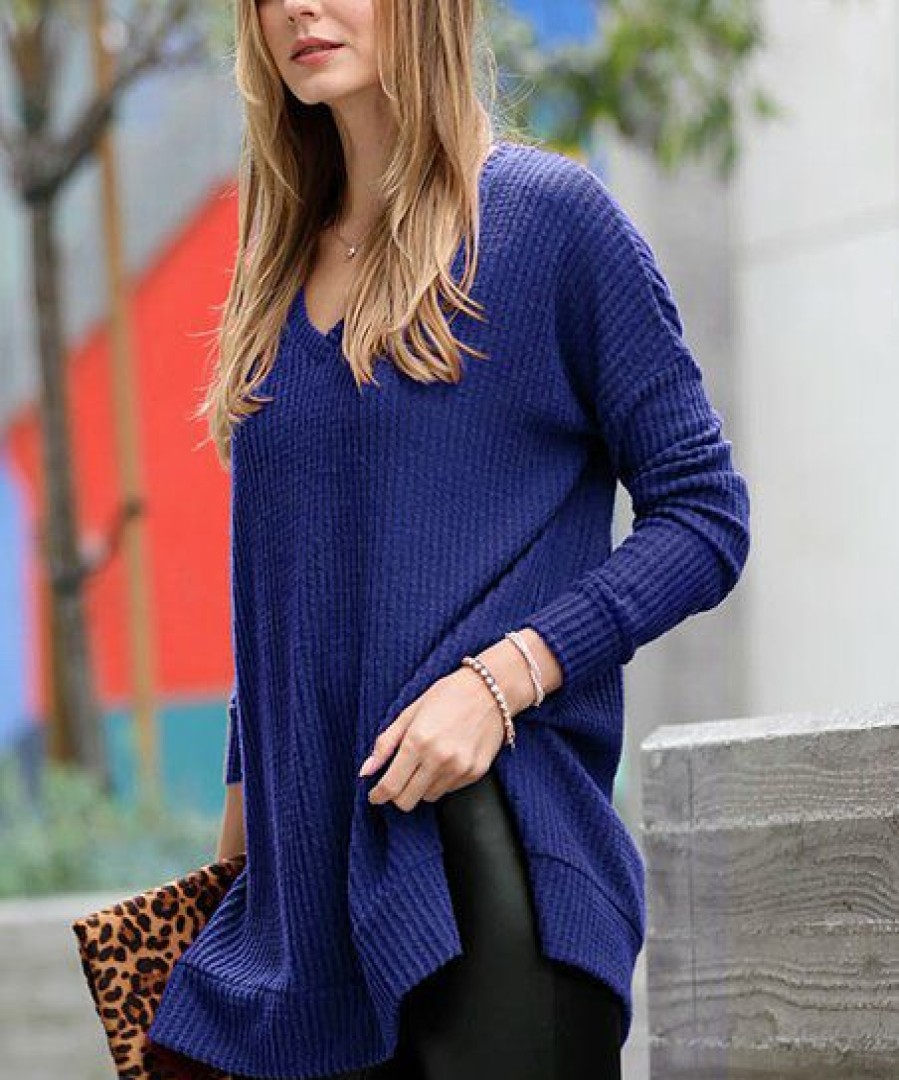 Women * | Top 10 42Pops Light Navy Waffle Slit-Hem V-Neck Long-Sleeve Sweater Women