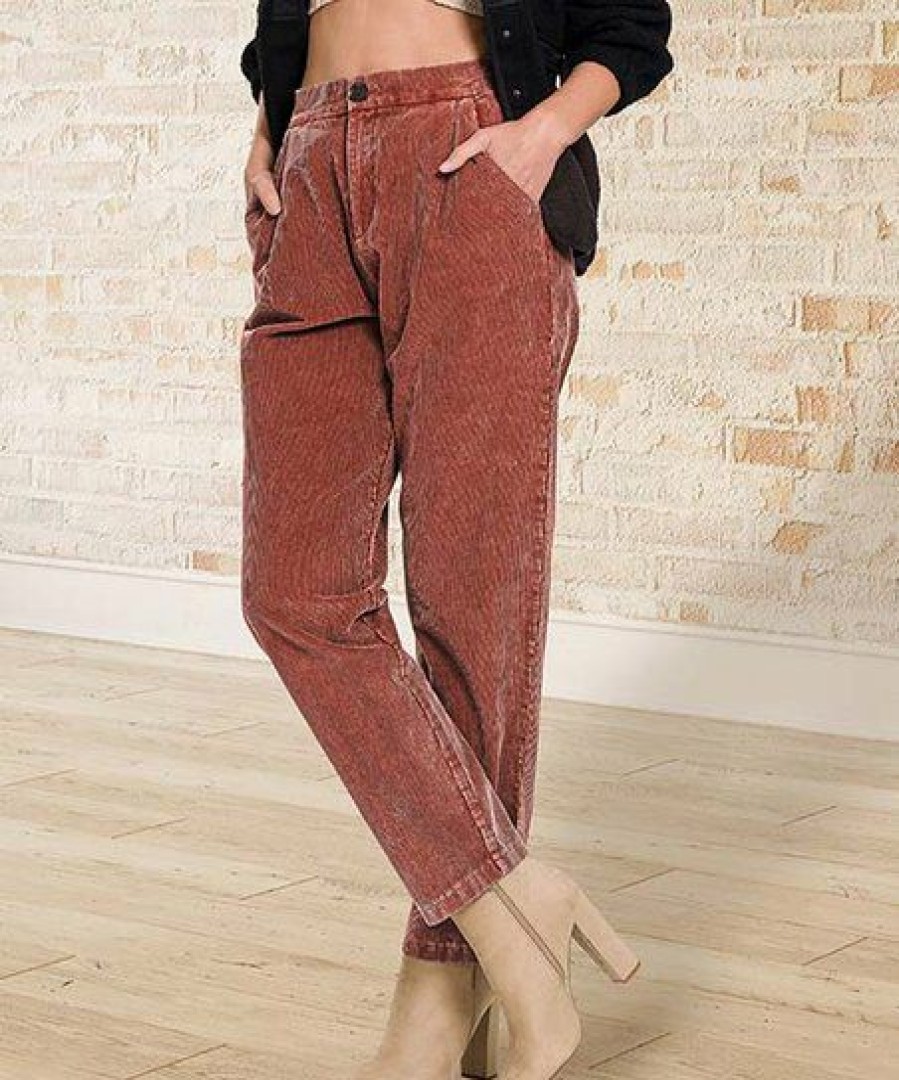 Women * | Promo 42Pops Dark Rust Corduroy Pleated Pocket Straight-Leg Pants Women