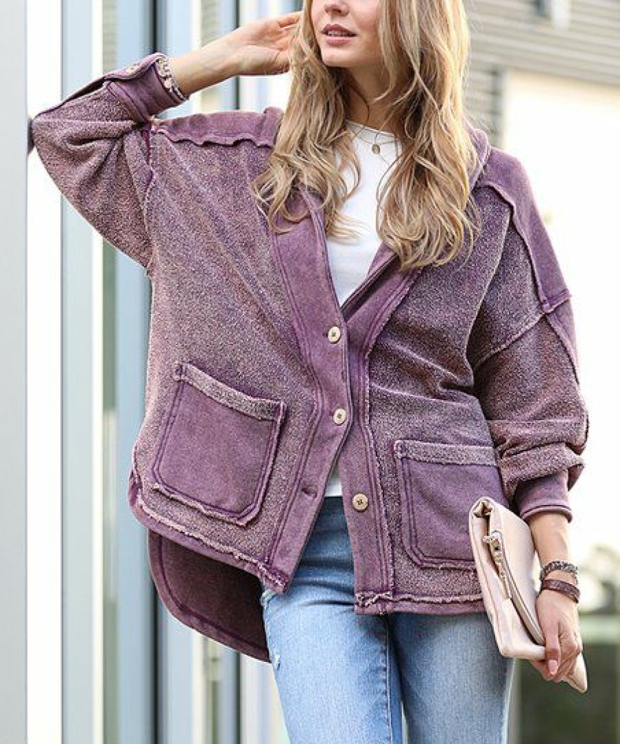 Women * | New 42Pops Eggplant Shawl-Collar Pocket Button-Up Jacket Women