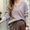 Women * | Buy 42Pops Ash Mocha Distressed V-Neck Bishop-Sleeve Sweater Women