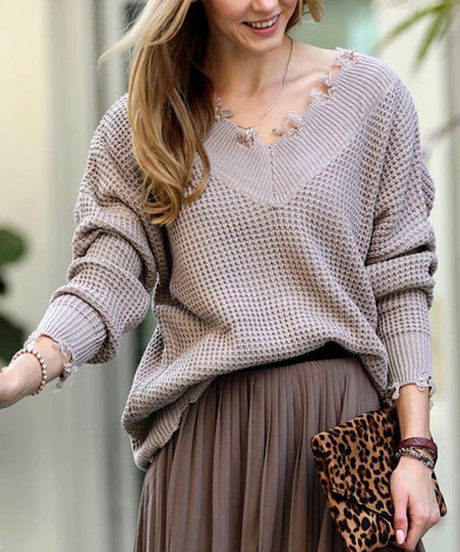 Women * | Buy 42Pops Ash Mocha Distressed V-Neck Bishop-Sleeve Sweater Women