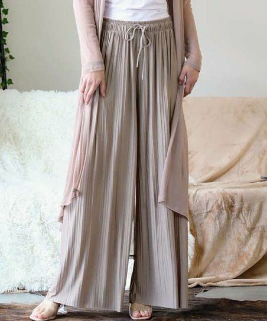 Women * | New 42Pops Ash Mocha Drawstring Pleated Wide-Leg Pants Women