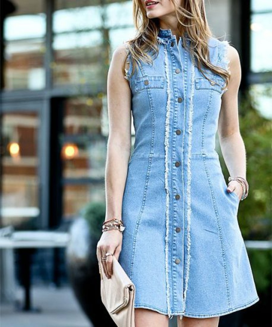 Women * | Best Pirce 42Pops Light Denim Distressed Fringe Sleeveless Button-Up A-Line Dress Women