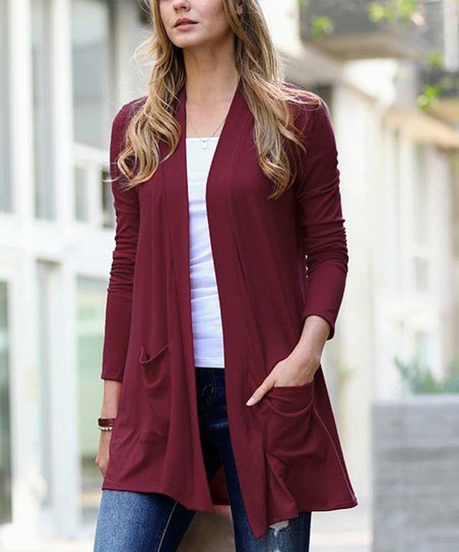 Women * | Flash Sale 42Pops Dark Burgundy Slouchy Pocket Open Cardigan Women