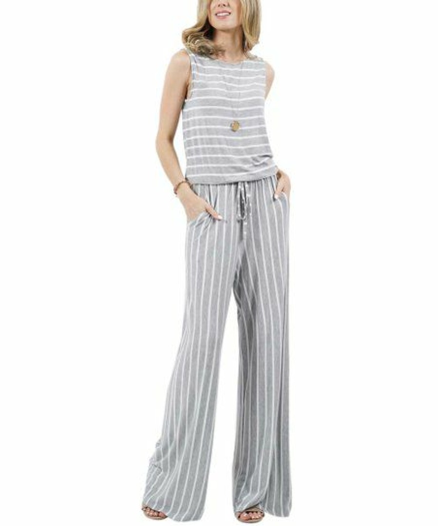 Women * | Wholesale 42Pops Heather Gray & Ivory Stripe Sleeveless Wide-Leg Pocket Jumpsuit Women