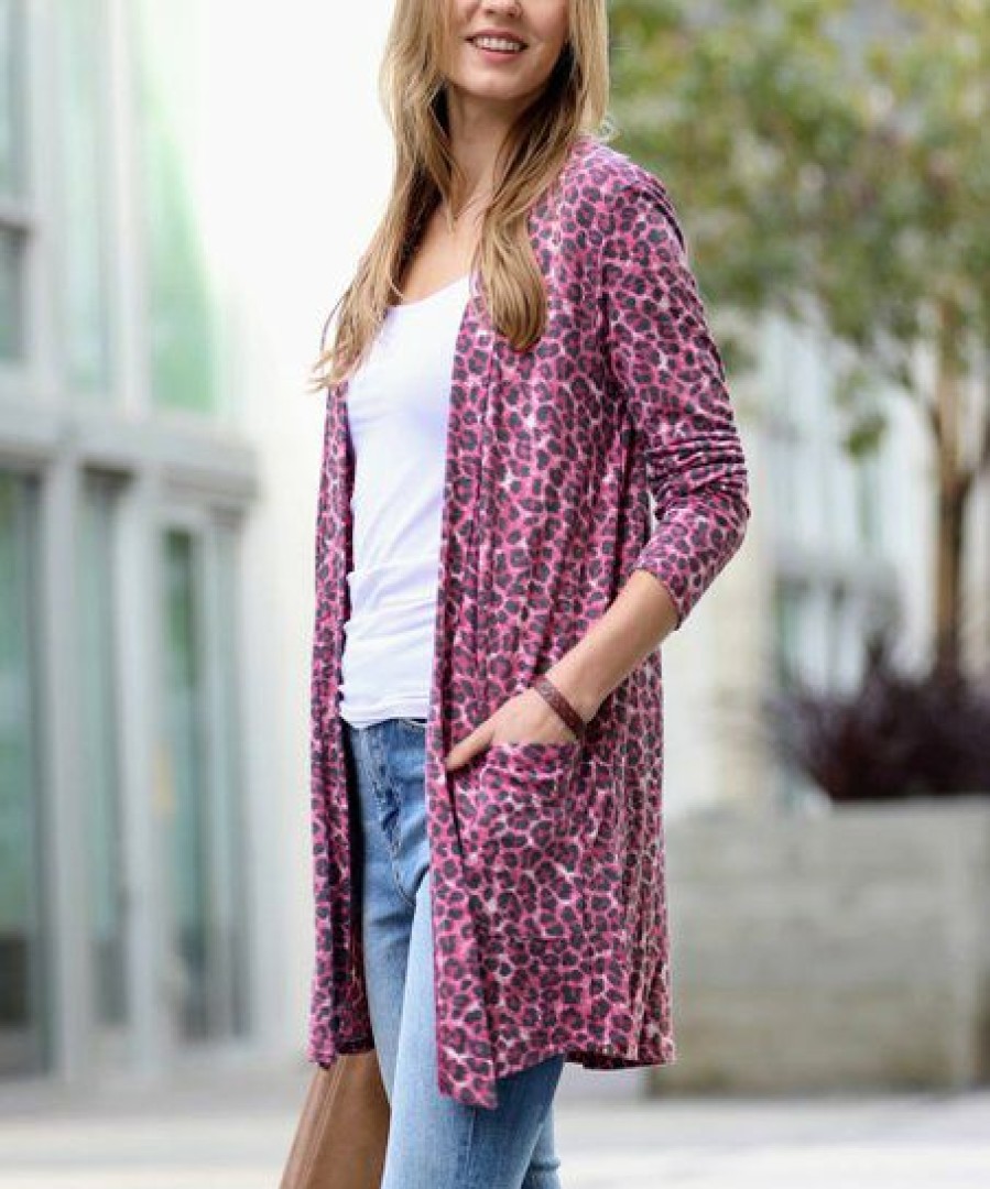 Women * | Budget 42Pops Cranberry Leopard Longline Pocket Cardigan Women