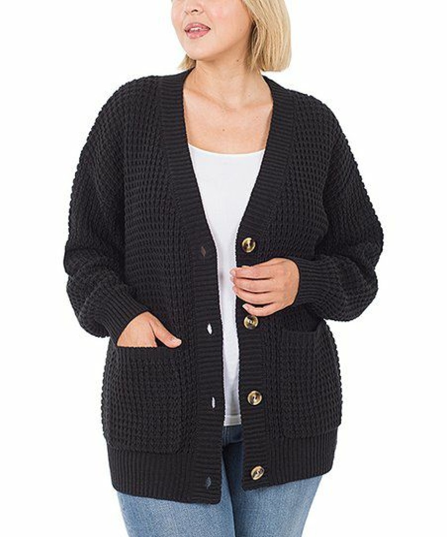 Women * | New 42Pops Black Waffle-Knit Pocket Cardigan Plus