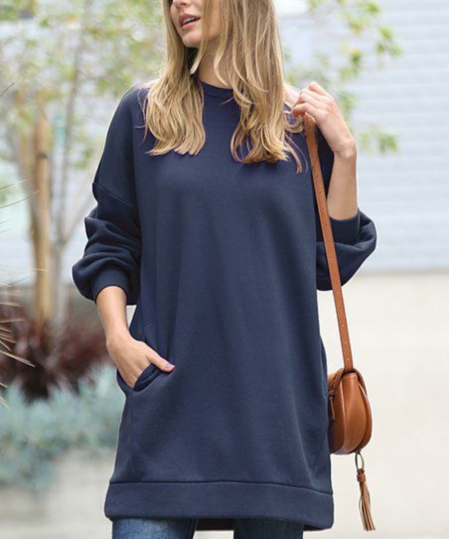 Women * | Top 10 42Pops Navy Over-Sized Crewneck Pocket Sweatshirt Women