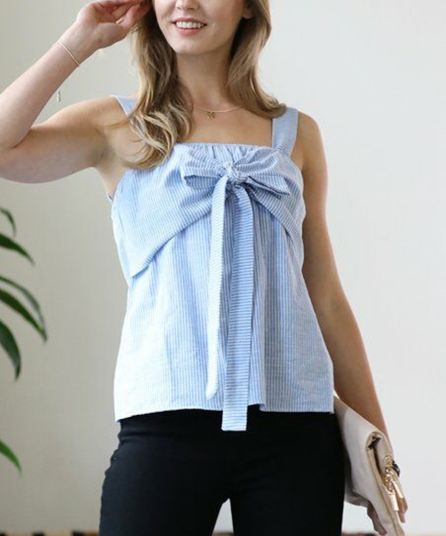 Other * | Budget 42Pops Light Blue Stripe Square-Neck Tie-Front Sleeveless Top Women