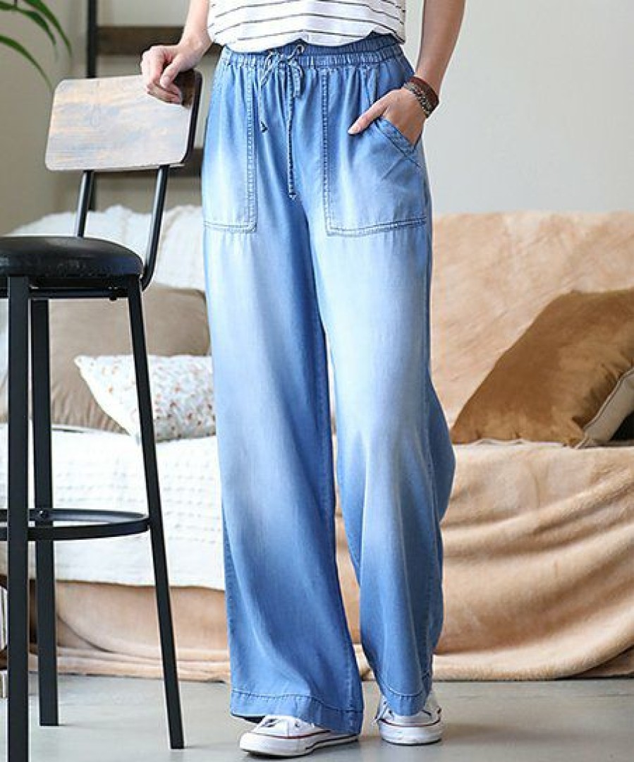 Women * | Best Pirce 42Pops Medium Chambray Drawstring Pocket Wide-Leg Jeans Women