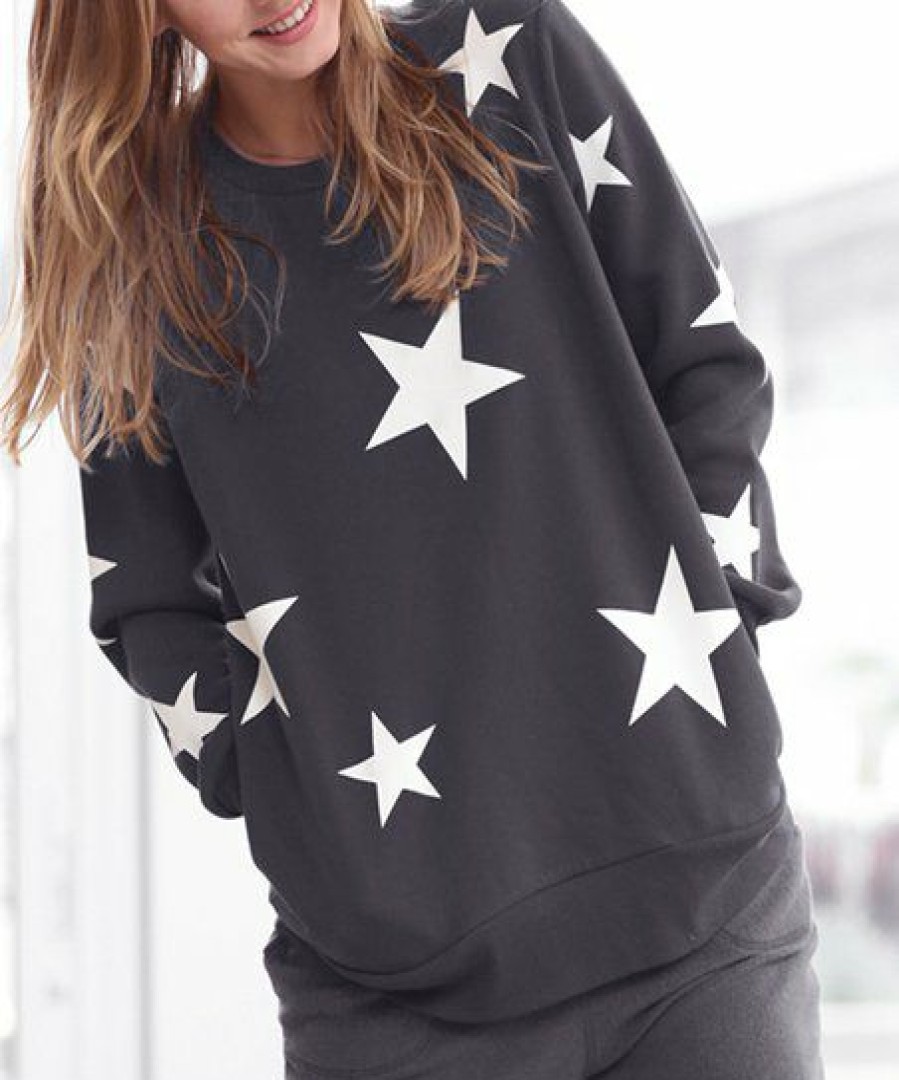 Women * | Promo 42Pops Ash Gray & Ivory Star Crewneck Long-Sleeve Pocket Sweatshirt Women