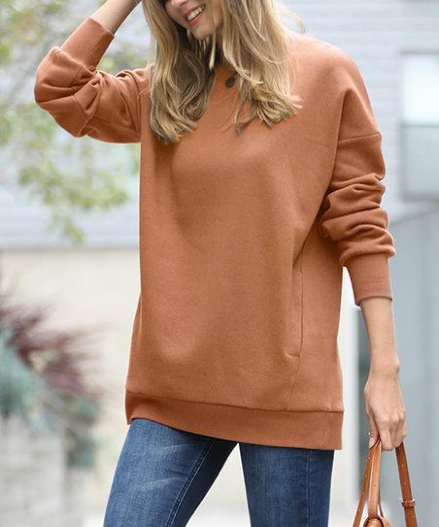 Women * | Hot Sale 42Pops Dark Camel Crewneck Long-Sleeve Pocket Sweatshirt Women