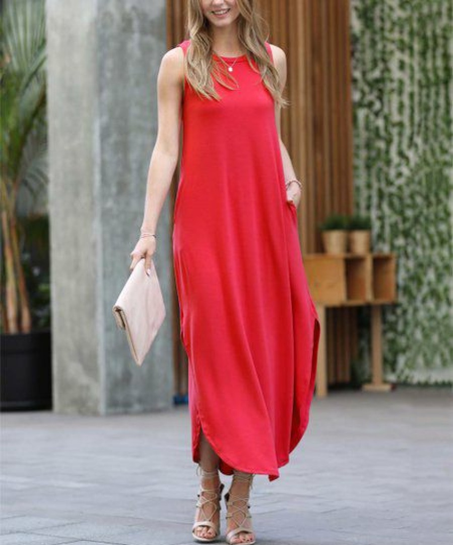 Women * | Discount 42Pops Ruby Crewneck Sleeveless Slit Curved-Hem Pocket Maxi Dress Women