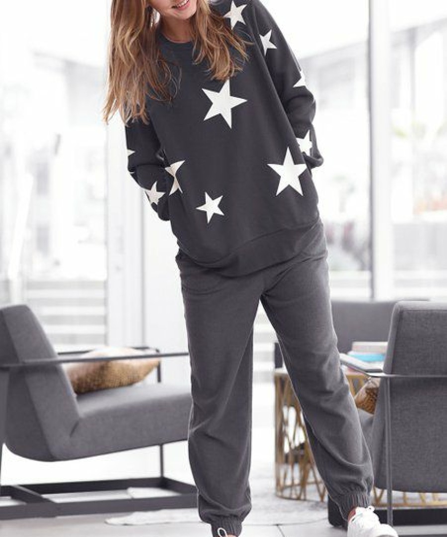 Women * | Top 10 42Pops Ash Gray & Ivory Star Round-Neck Pocket Sweatshirt Women