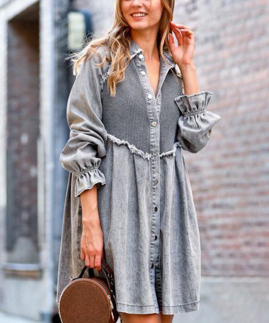 Women * | Wholesale 42Pops Gray Denim Ruffle Poet-Sleeve Shirt Dress Women