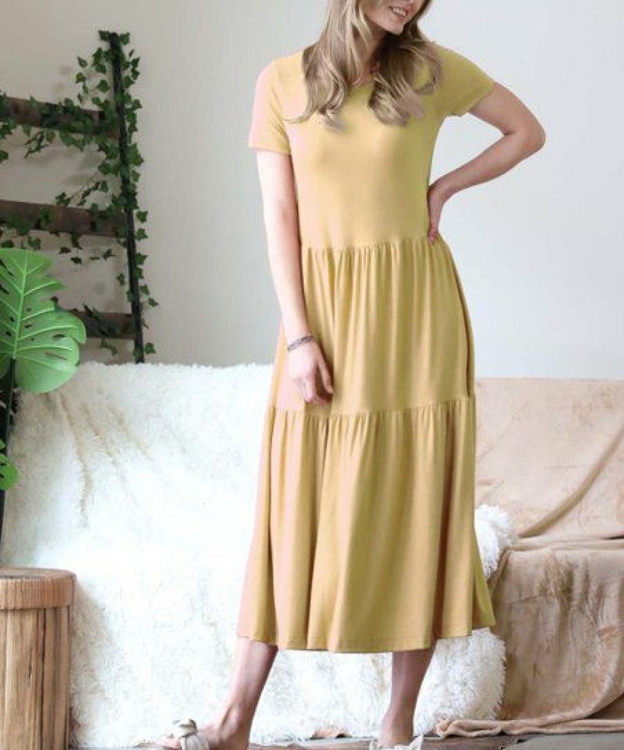 Women * | Best Deal 42Pops Light Mustard Two-Tier Round-Neck Short-Sleeve Midi Dress Women