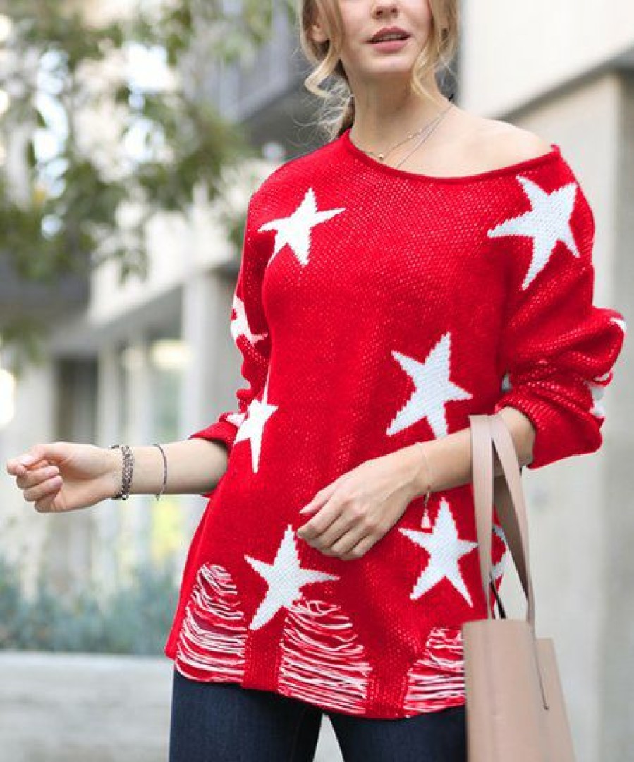 Women * | Wholesale 42Pops Ruby & Ivory Star Distressed Drop-Shoulder Boatneck Sweater Women