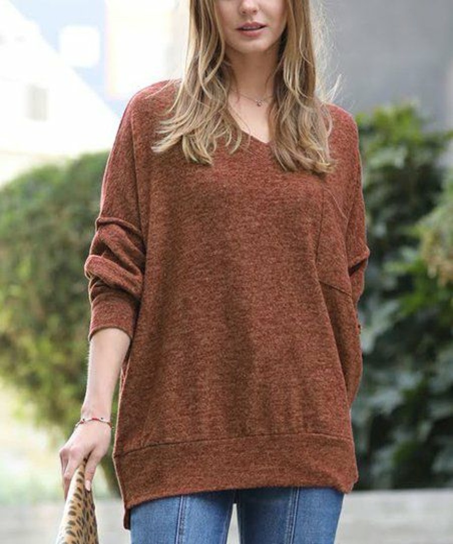 Women * | Budget 42Pops Dark Rust Melange V-Neck Hi-Low Pocket Sweater Women