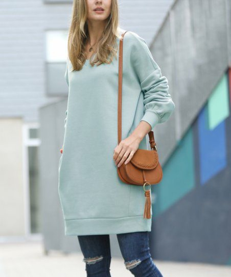 Women * | Best Pirce 42Pops Light Green V-Neck P Ocket Oversized Sweatshirt Women