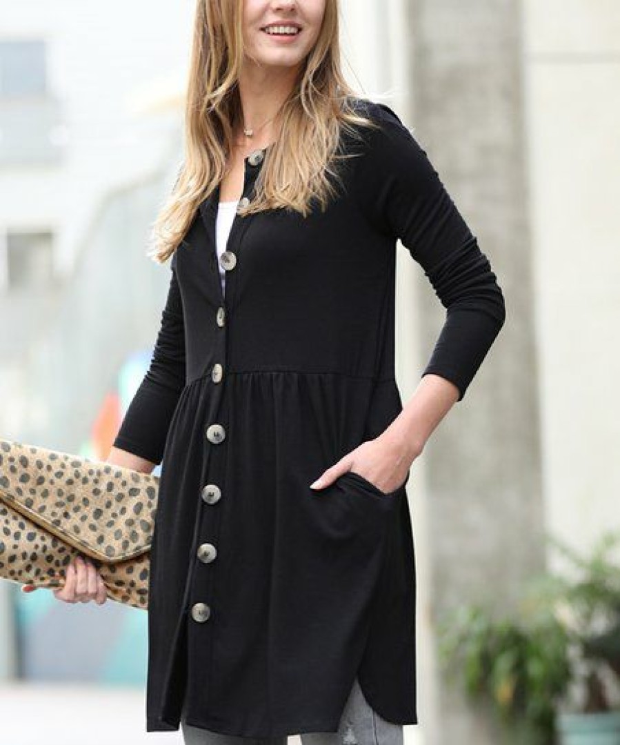 Women * | Budget 42Pops Black Shirred-Waist Button-Up Pocket Cardigan Women