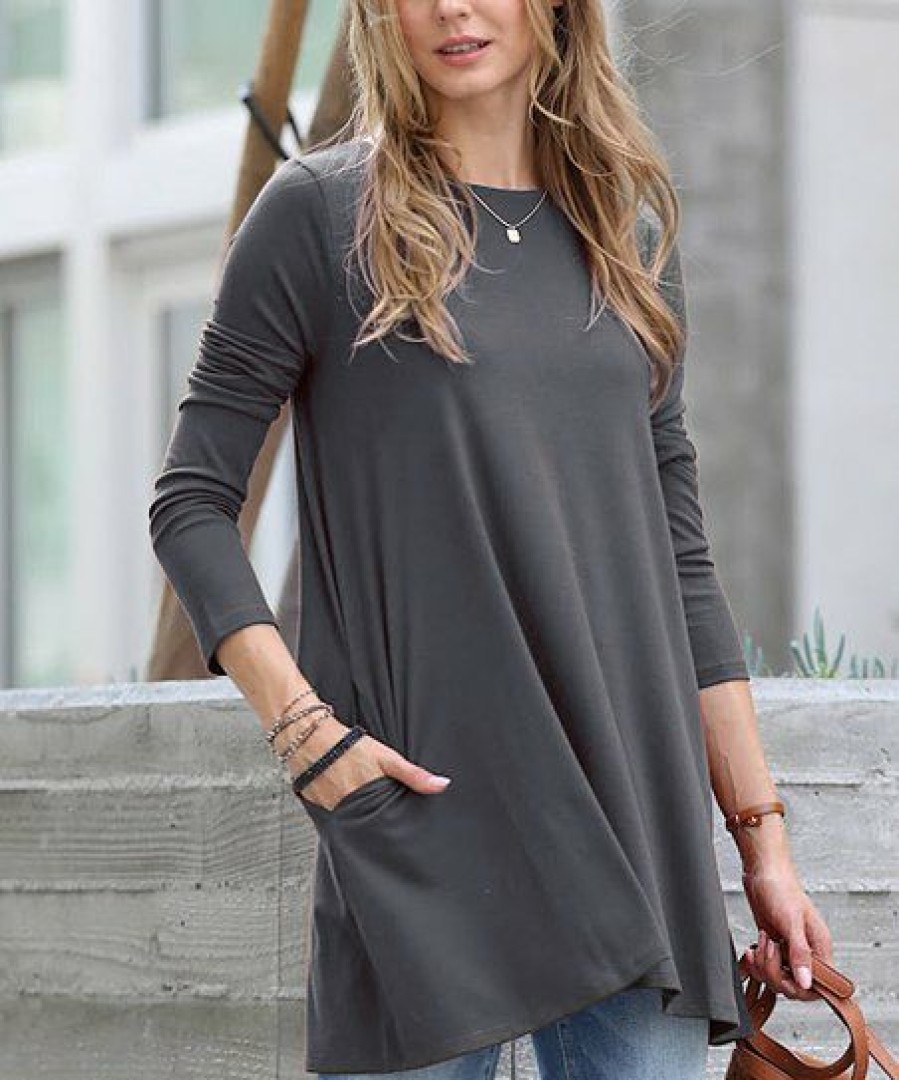 Women * | Budget 42Pops Ash Gray Boatneck Long-Sleeve Pocket Tunic Women