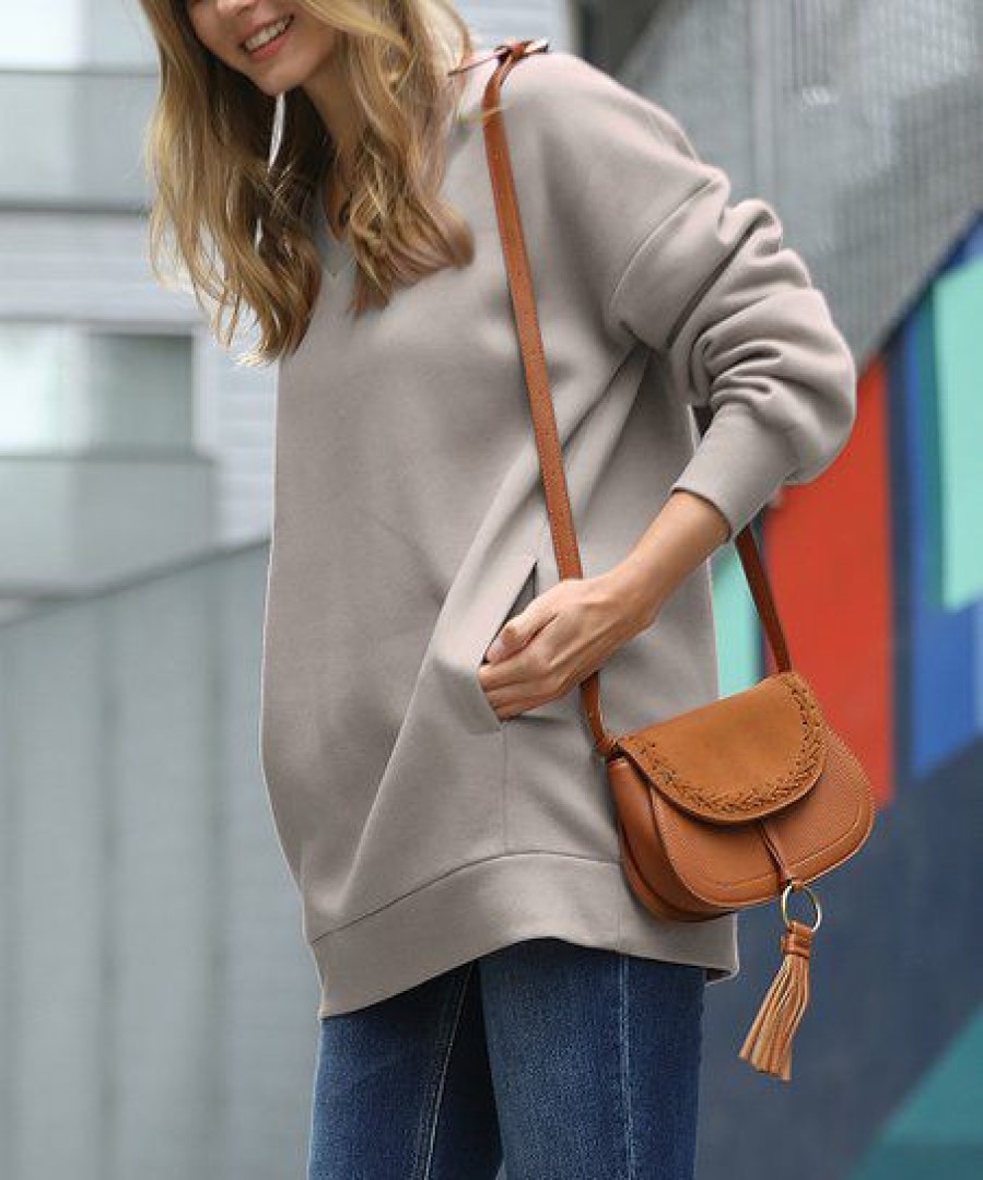 Other * | Coupon 42Pops Ash Mocha V-Neck Pocket Sweatshirt Tunic Women