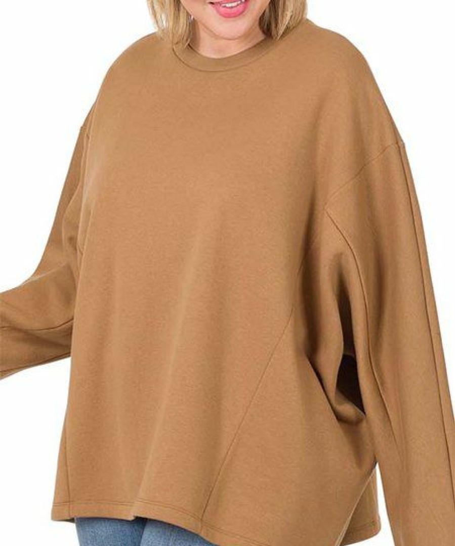 Women * | Best Reviews Of 42Pops Deep Camel Seamline-Accent Crewneck Long-Sleeve Oversize Sweatshirt Plus