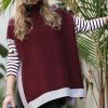 Women * | Brand New 42Pops Dark Burgundy Stripe Contrast Mock Neck Hi-Low Sweater Women