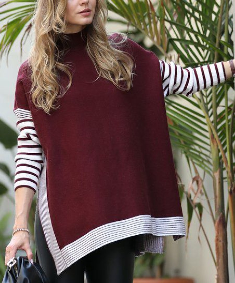 Women * | Brand New 42Pops Dark Burgundy Stripe Contrast Mock Neck Hi-Low Sweater Women